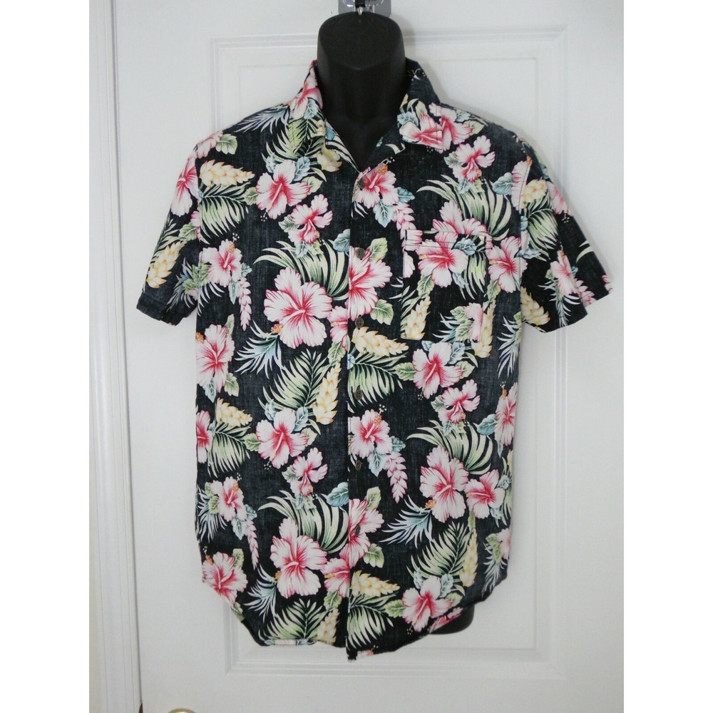Zak Mens Black Floral Short Sleeve Round Hem‎ Casual Button Down Shirt Sz Medium
